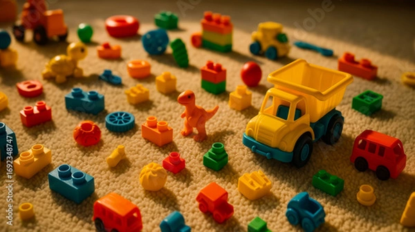 Fototapeta Plastic blocks and toys scattered on soft carpet include dump truck, dinosaur and toy cars; blocks dominate playful toddler setup with warm light and creative learning mood