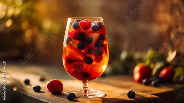 Fototapeta Glass of berry mocktail filled with strawberries, raspberries and blueberries stands on rustic wooden table in warm sunlight, mocktail sparkles with fruits, refreshing summer drink concept
