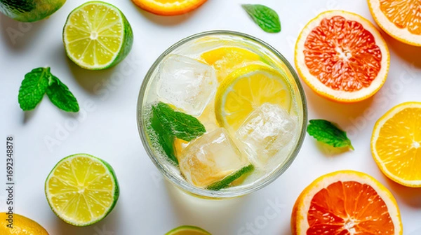 Fototapeta Citrus lemonade with ice cubes, bright slices of lemon and lime sparkle in clear glass, citrus notes mingle with mint and cool fizz, citrus refreshment styled as clean flat lay for summer vibe