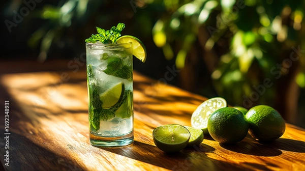Fototapeta Tall glass of mojito cocktail with lime wedges, fresh mint and ice cubes sits on wooden outdoor table in sunlight, cocktail sparkles in condensation, refreshing summer drink concept