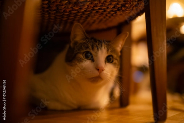 Fototapeta Curious cat hiding under a wicker chair, focused eyes and soft fur lit by warm ambient light, cozy atmosphere and relaxed feline posture enhance an intimate home setting.