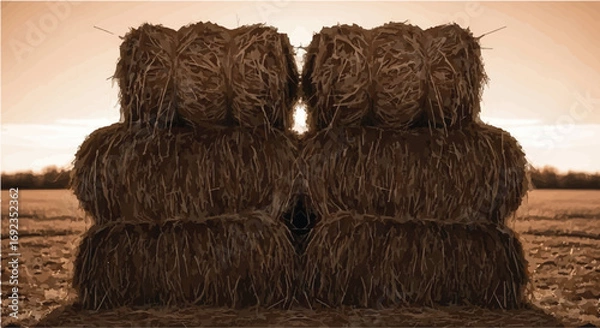 Fototapeta Golden hour illuminates stacked hay bales in a vast, tranquil field, evoking rustic harvest and rural simplicity.