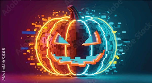 Fototapeta Spooky neon jack-o'-lantern glowing with digital glitch effect for Halloween