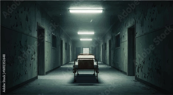 Fototapeta Eerie hospital corridor with an empty gurney, evoking a sense of dread and mystery
