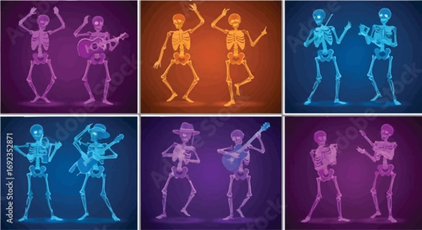 Fototapeta Joyful skeletons dancing and playing music in vibrant, colorful lights