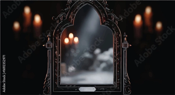 Fototapeta Mysterious ornate mirror reflecting flickering candlelight and ethereal mist, creating a magical ambiance.