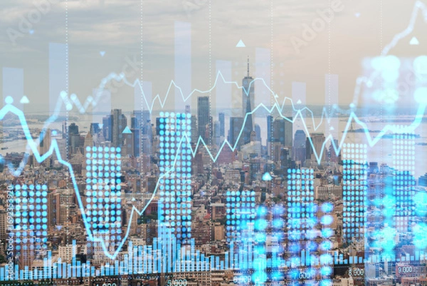 Fototapeta Double exposure of New York cityscape with blue holographic stock market data overlay. Financial technology and business concept. Double exposure