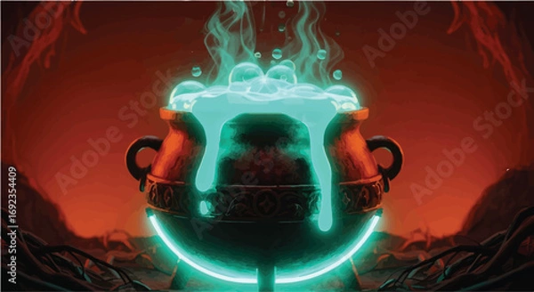 Fototapeta Mystical cauldron bubbling with glowing potion in dark, magical setting
