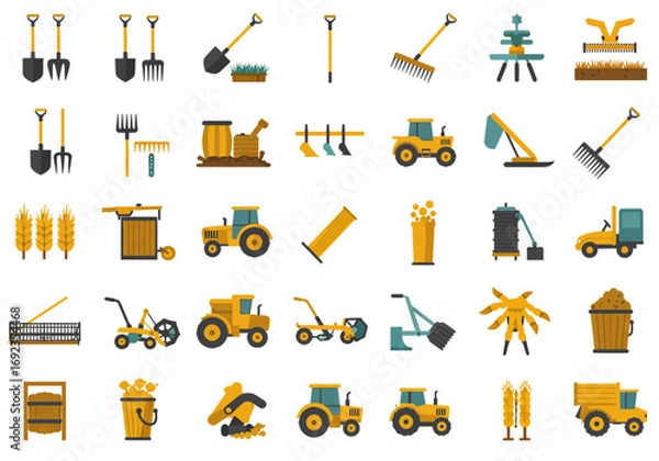 Fototapeta A comprehensive collection of flat design icons representing various farming tools, agricultural machinery, and equipment.