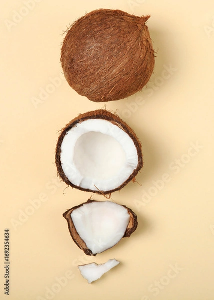 Fototapeta broken coconut on a colored background. Vertical photo format 