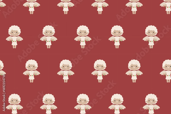 Fototapeta Christmas Angel Pattern swatch available in swatches panel, Cute Holiday Seamless Design with Red Background and Wings