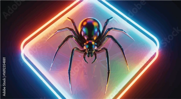 Fototapeta Glossy spider with iridescent body poised within a glowing neon diamond frame on a dark background.