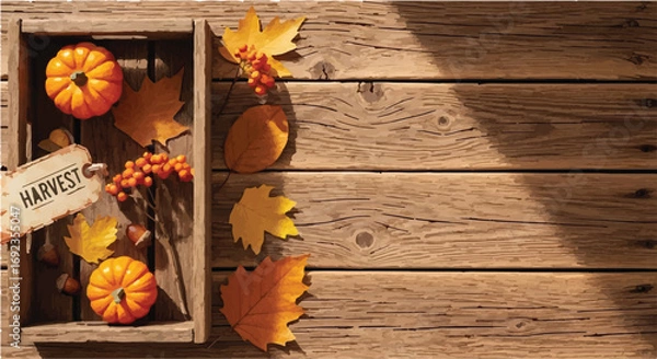 Fototapeta Cozy autumn harvest bounty in rustic wooden crate with colorful fall leaves on weathered planks