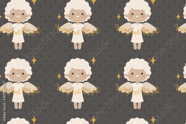 Fototapeta Christmas Angel Pattern swatch available in swatches panel, Cute Holiday Seamless Design with Merry and Bright Text and Stars