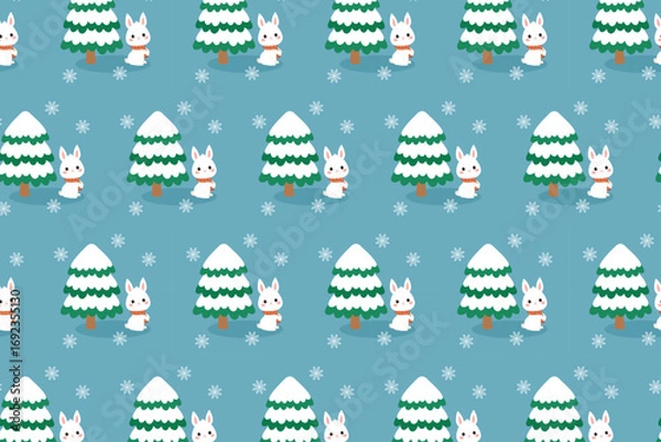 Fototapeta Christmas Bunny Pattern swatch available in swatches panel, Cute Winter Seamless Design with Snowflakes and Pine Trees