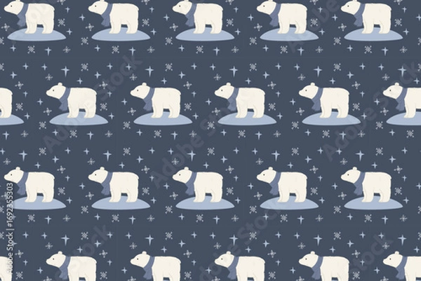 Fototapeta Christmas Polar Bear Pattern swatch available in swatches panel, Cute Winter Seamless Design with Snowflakes and Scarfed Bears
