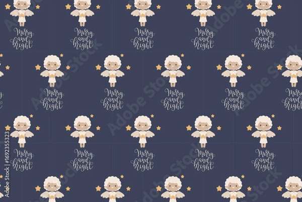 Fototapeta Christmas Angel Pattern swatch available in swatches panel, Cute Holiday Seamless Design with Merry and Bright Text and Stars