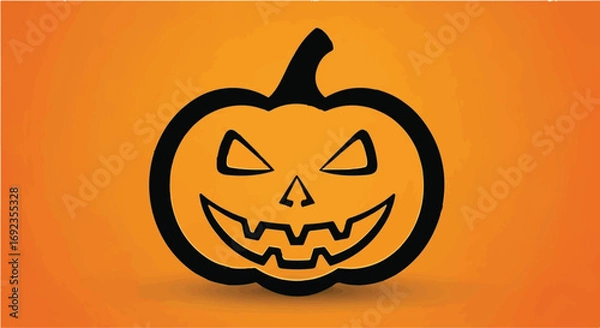 Fototapeta Spooky carved pumpkin face glowing with a mischievous grin on a vibrant orange background.