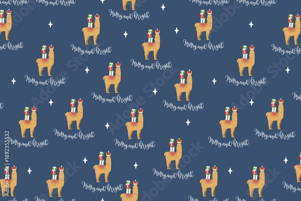 Fototapeta Christmas Llama Pattern swatch available in swatches panel, Cute Holiday Seamless Design with Merry and Bright Text and Gifts