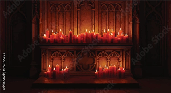 Fototapeta Warm glow of numerous red candles illuminates a sacred altar in dim, atmospheric lighting.