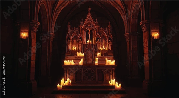 Fototapeta Mysterious altar adorned with numerous flickering candles in a dimly lit, ornate cathedral.