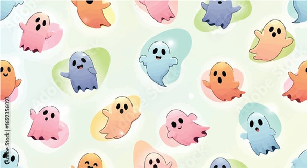 Fototapeta Whimsical pastel ghosts playfully float across a soft, dreamy background.