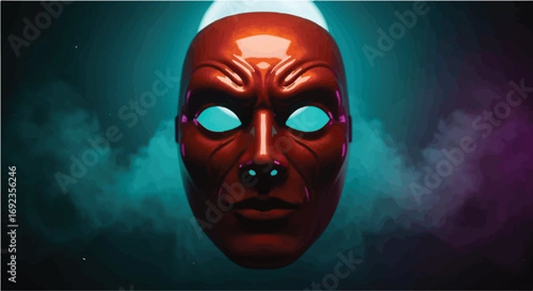 Fototapeta Mysterious glowing mask shrouded in atmospheric smoke, evoking intrigue and the unknown.