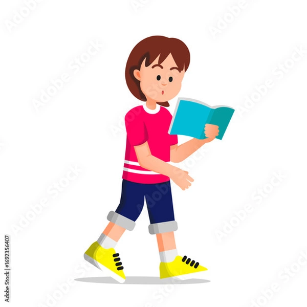 Fototapeta A little girl walks while reading a book