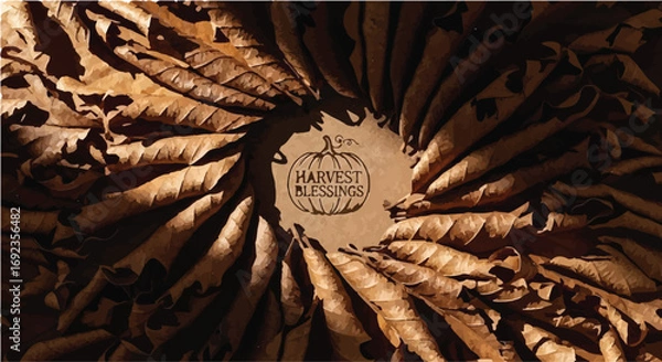 Fototapeta Warm autumn leaves arranged in a circular pattern around a rustic "Harvest" stamp