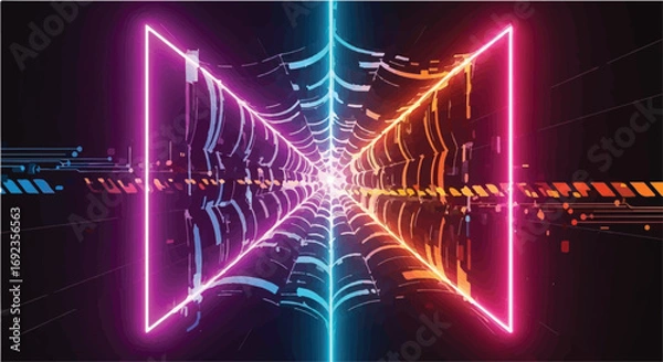 Fototapeta Vibrant neon geometric tunnel with glowing spiderweb pattern and digital abstract background