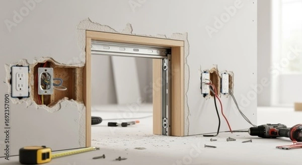 Fototapeta Midinstallation view of partially assembled pocketdoor frame retrofit showing integration with drywall and electrical outlets.