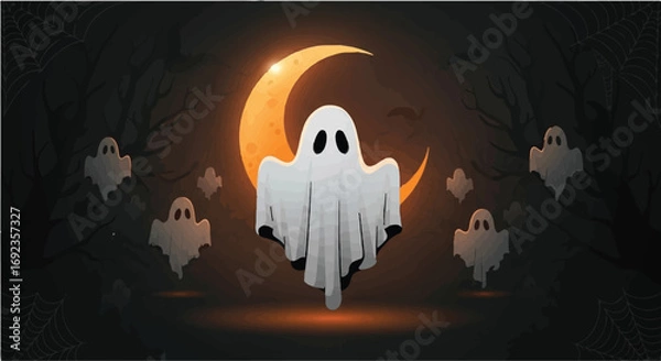 Fototapeta Spooky ghost character floating in front of a glowing crescent moon surrounded by other playful spirits