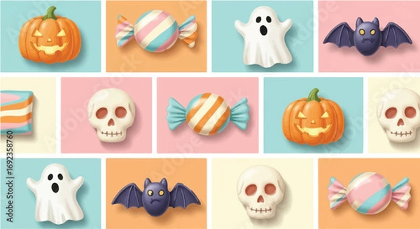 Fototapeta Whimsical Halloween treats and spooky characters arranged in a colorful grid