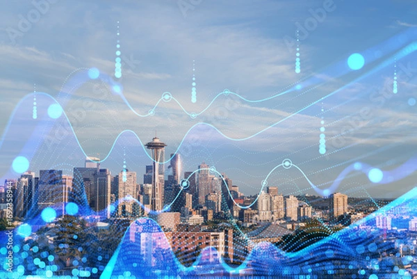 Fototapeta Seattle skyline with holographic data overlay, digital futuristic style on a daylight background, technology and business concept. Double exposure