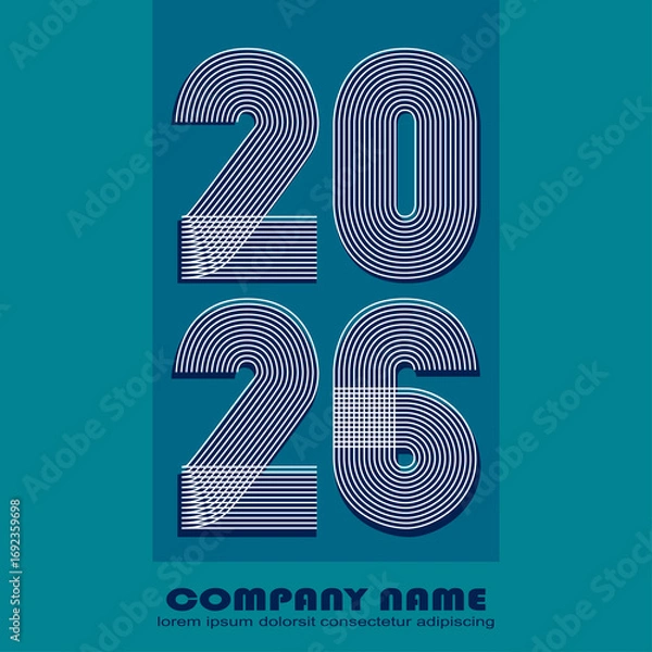 Obraz Modern minimal cover background with 2026 number in white thin lines striped isolated on blue geometric background. Graphic design vector illustration for Happy New Year Christmas Greeting Card Banner
