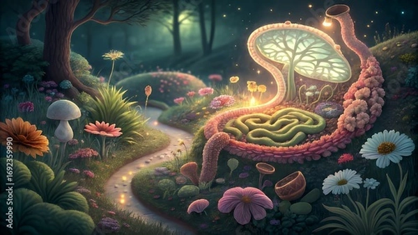 Fototapeta Enchanting magical forest with glowing mushrooms and whimsical organic architecture