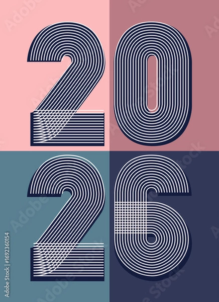 Obraz Retro cover background with vertical 2026 number on geometric pastel colors background. Graphic design vector illustration for Happy New Year Christmas Banner Greeting Card Invitation Poster Flyer Ad
