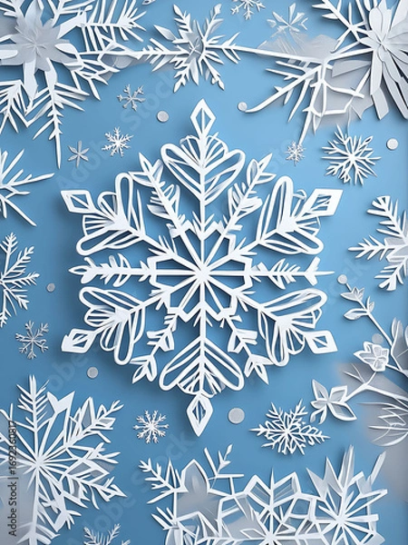 Fototapeta A collection of intricately crafted paper snowflakes arranged on a blue background, showcasing detailed winter-themed designs perfect for holiday decoration and seasonal art projects.