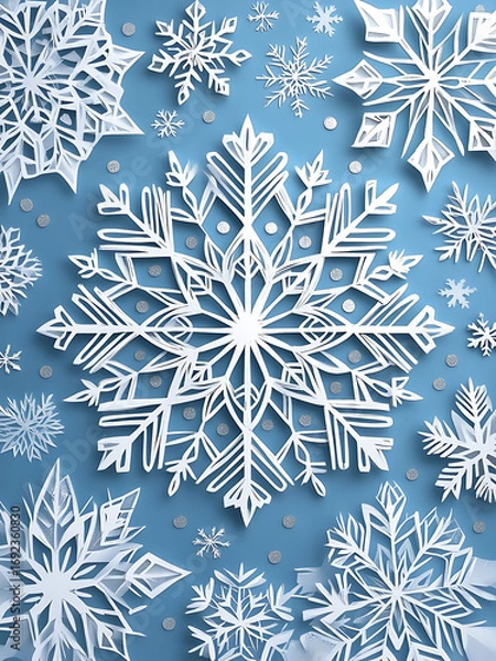 Fototapeta A collection of intricately crafted paper snowflakes arranged on a blue background, showcasing detailed winter-themed designs perfect for holiday decoration and seasonal art projects.