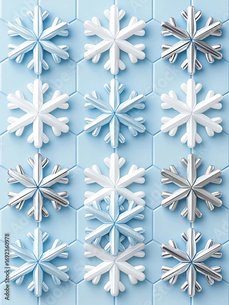 Fototapeta This is a fresh and modern take on classic winter themes. The collection features sophisticated 3D snowflake and geometric patterns in a clean palette of white, blue, and metallic silver, perfect for 