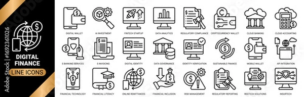 Fototapeta Digital finance icon set collection in outline style. an icon pack containing icons of data analytics, digital wallet, mobile wallet app, fintech startup and more.