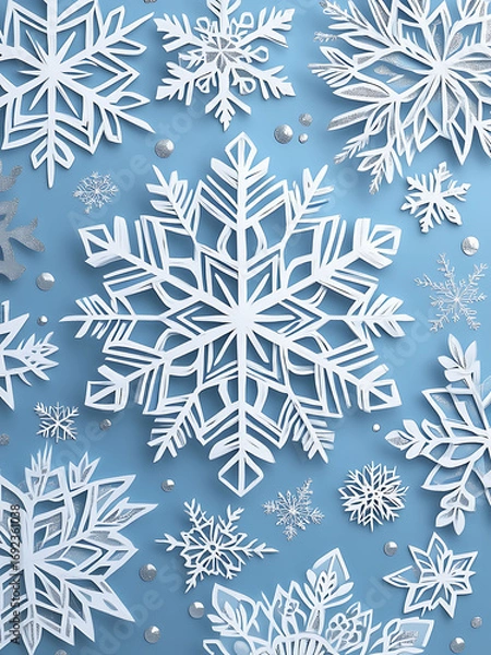 Fototapeta A collection of intricately crafted paper snowflakes arranged on a blue background, showcasing detailed winter-themed designs perfect for holiday decoration and seasonal art projects.