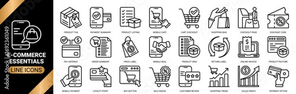 Fototapeta E-commerce essentials icon set collection in outline style. an icon pack containing icons of online store, shopping bag, sales graph, mobile payment, checkout page and more.