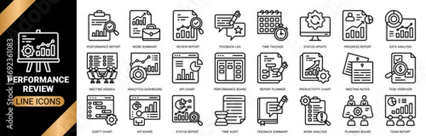 Fototapeta Performance review icon set collection in outline style. an icon pack containing icons of performance report, review report, analytics dashboard, kpi chart, productivity chart and more.