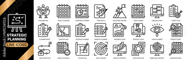 Fototapeta Strategic planning icon set collection in outline style. an icon pack containing icons of action plan, strategy map, project roadmap, task planner, timeline chart and more.