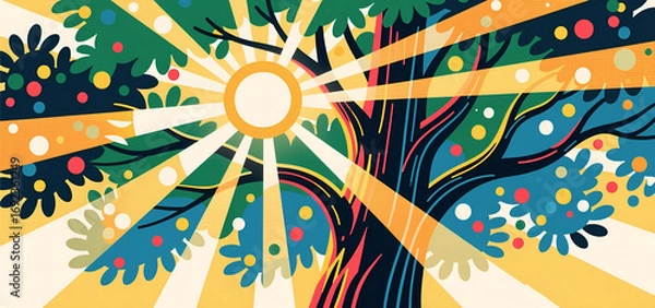 Fototapeta Raggi di un sole brillante e caldo si diffondono tra il fogliame di un grande albero - illustrazione grafica formato panoramico