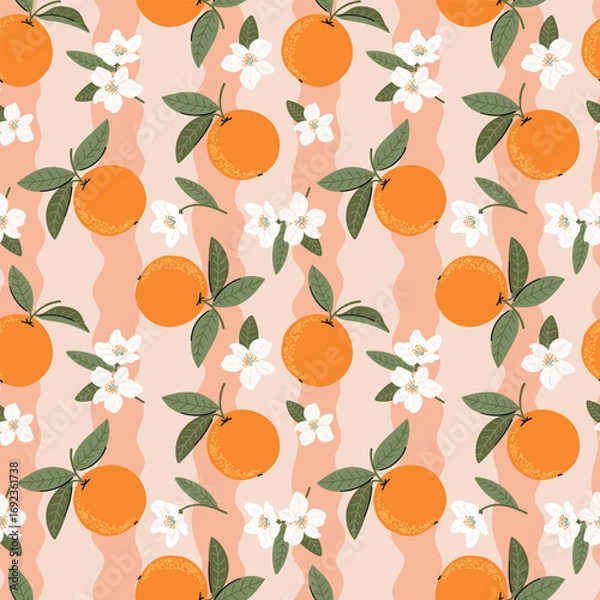 Fototapeta Abstract pattern with oranges and flowers on striped background, vector hand drawn illustration flat style