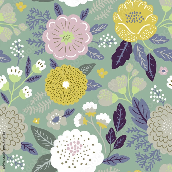 Fototapeta Seamless botanical pattern with abstract flowers and plants in boho style on turquoise background. Flat vector illustration.