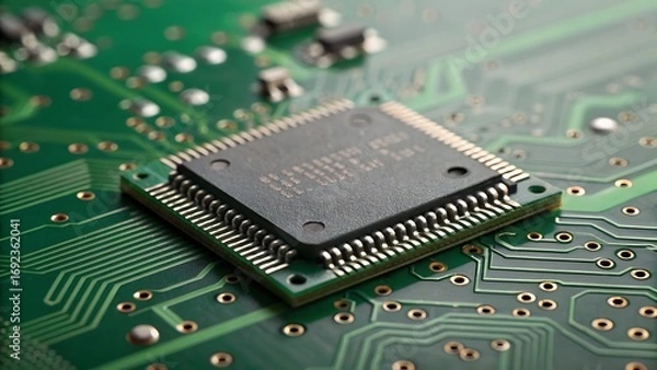 Fototapeta Closeup of integrated circuit on green board for technology, electronics, innovation, engineering, or computerrelated design projects that need a futuristic touch.