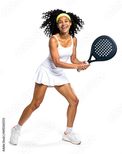 Fototapeta African American female padel player in white sportswear holding racket joyfully
